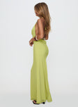 side view of model wearing Princess Polly Rhaenyra Halter Maxi Dress Green Plunger 