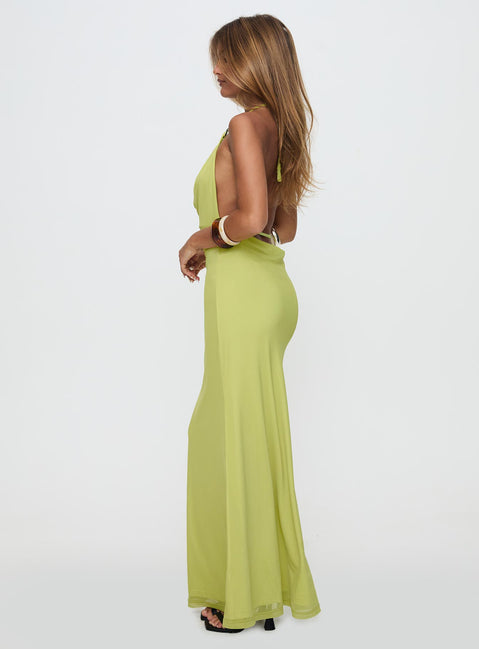 side view of model wearing Princess Polly Rhaenyra Halter Maxi Dress Green Plunger 