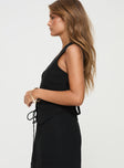 side view of model wearing Princess Polly Ginger Linen Blend Vest Black Sleeveless Plunger 