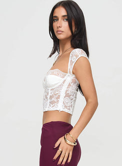 side view of model wearing Princess Polly Shakman Lace Top White Short Sleeves Sweetheart 
