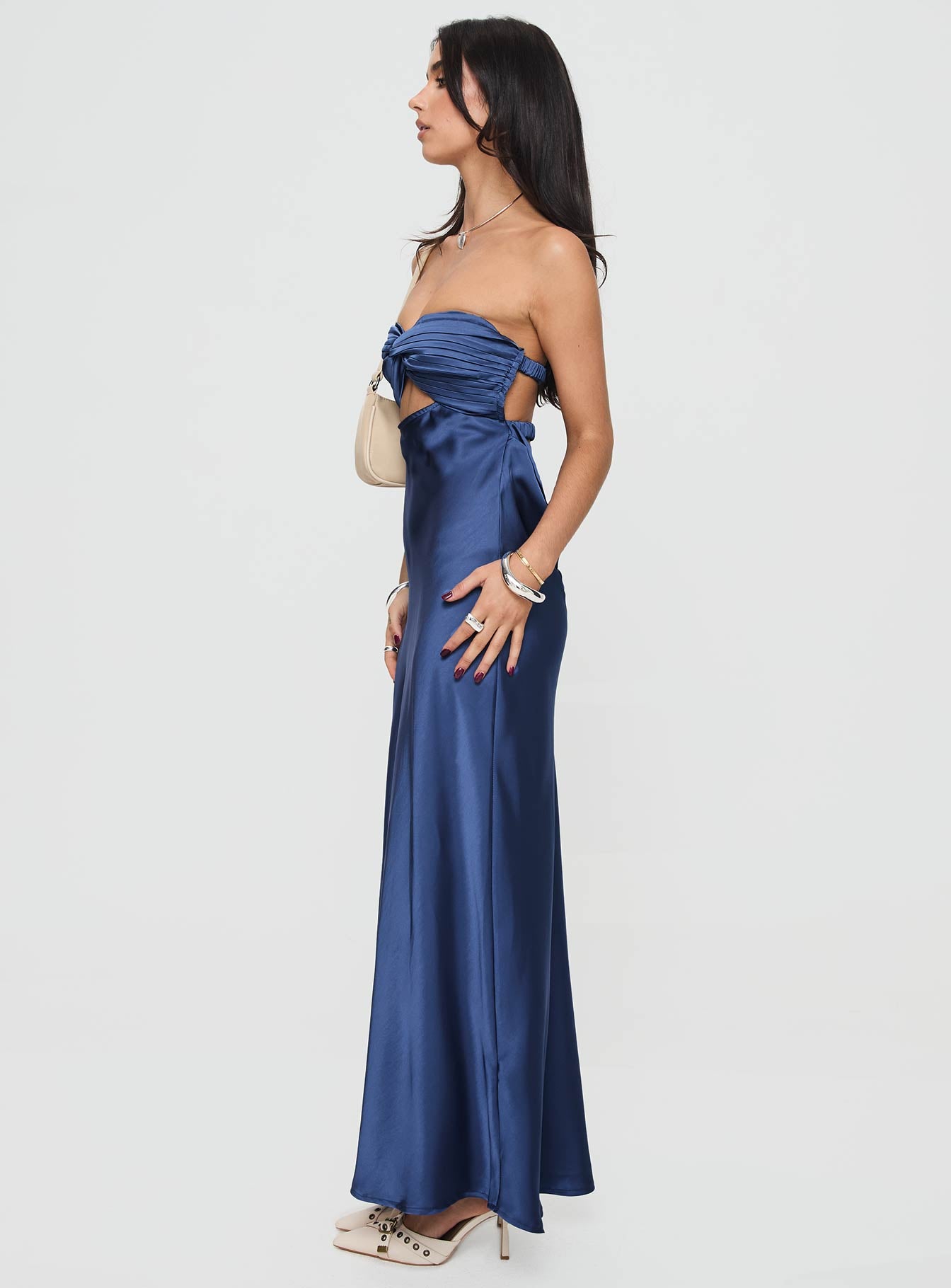 side view of model wearing Princess Polly Faviola Strapless Maxi Dress Blue Sweetheart Neckline 