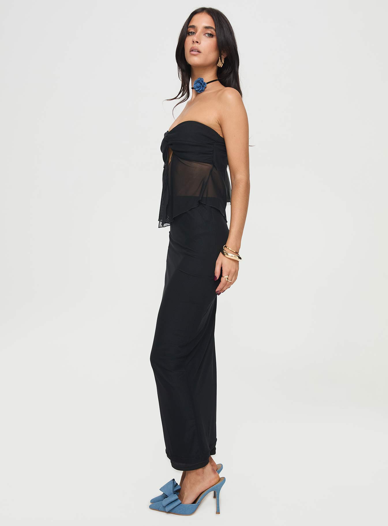 Mesh two-piece set  Strapless top, twist ruched detail at bust, asymmetrical hem with open style front, lettuce edge hem, inner silicone strip at bust, lined at bust only Maxi skirt, elasticated waistband Good stretch, fully lined Princess Polly Lower Impact