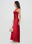 side view of model wearing Princess Polly Radioactive Bias Cut Maxi Dress Red Square Neck 