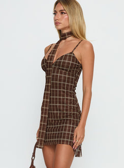 Love Unknown Scarf Tie Mini Dress Brown Check
