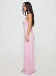 side view of model wearing Princess Polly South Of France Maxi Dress Pink Petite Square Neck 