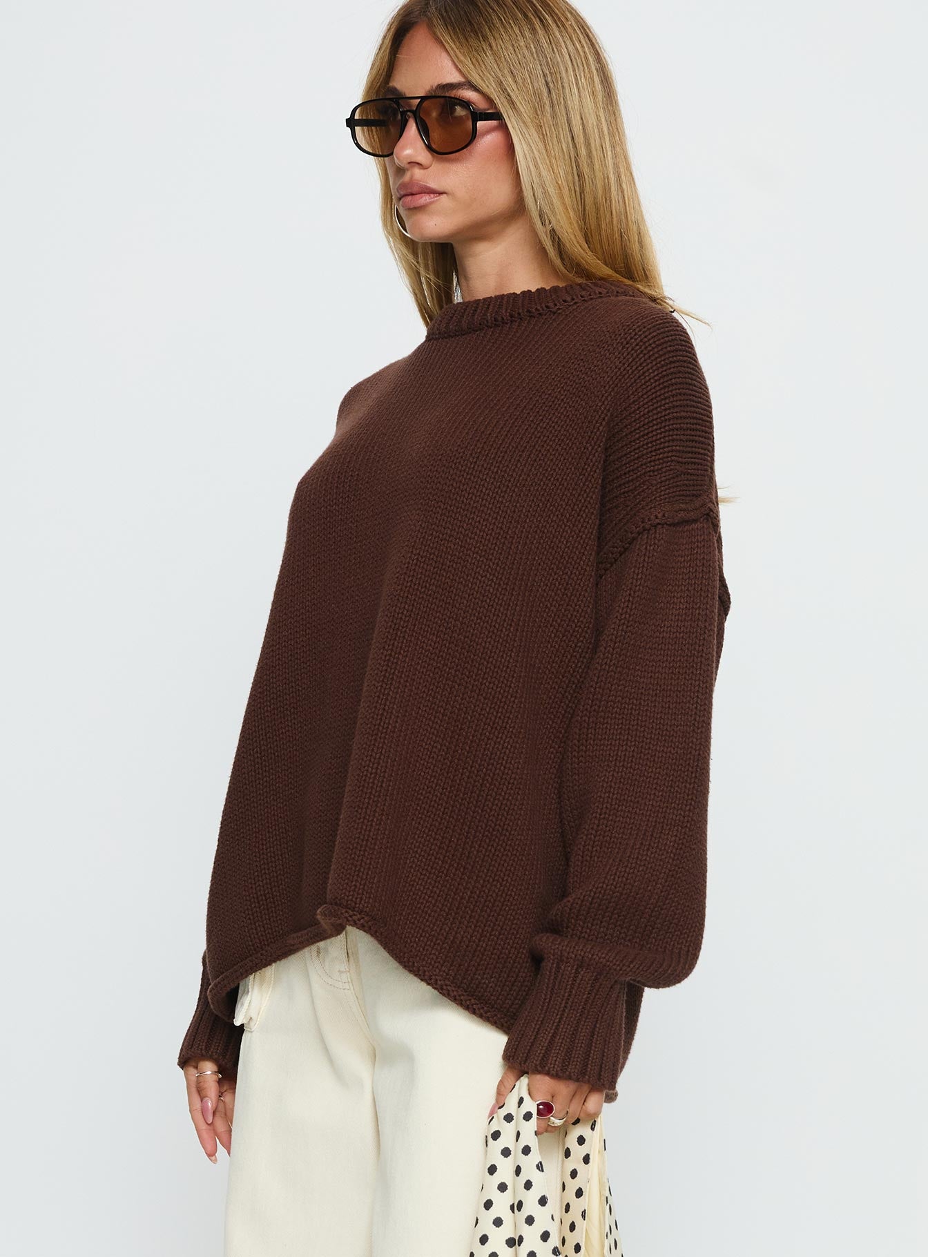 side view of model wearing Princess Polly Wilda Crew Neck Knit Sweater Brown Longline Jumpers 