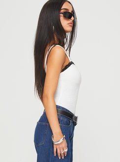 side view of model wearing Princess Polly Landry Lace Bodysuit White Sleeveless 