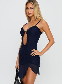 side view of model wearing Princess Polly One Dance Asymmetrical Mini Dress Navy Sweetheart Neckline 