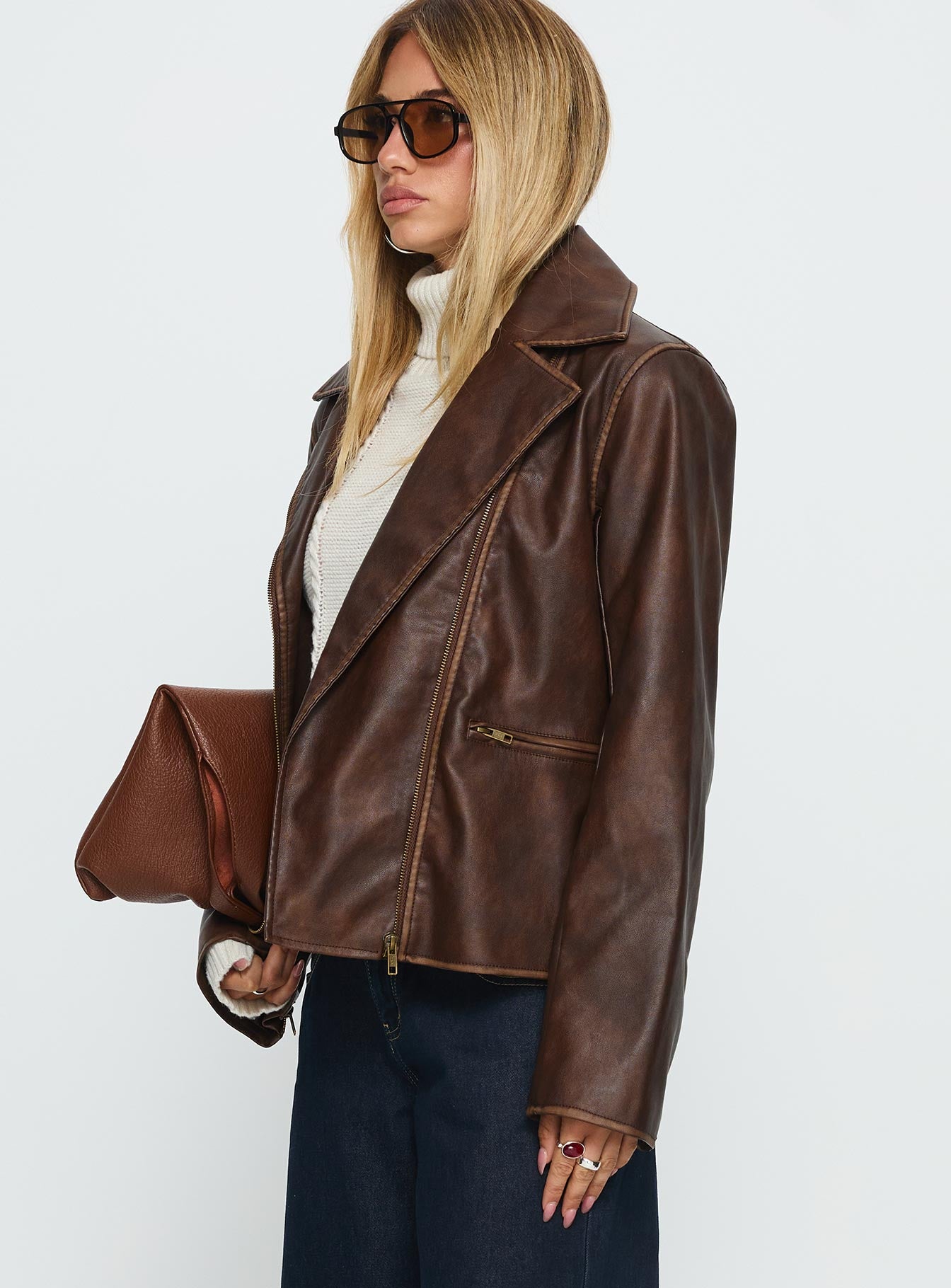 Vyolette Faux Leather Collared Jacket Washed Brown
