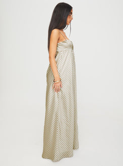 side view of model wearing Princess Polly Pansotti Maxi Dress Beige / White Stripe Square Neck 
