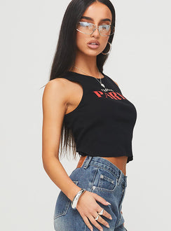 side view of model wearing Princess Polly Jadore Paris Tank Black Sleeveless Crew Neck 