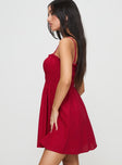 side view of model wearing Princess Polly Ketzia Mini Dress Red Square Neck 