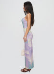 side view of model wearing Princess Polly Norila Maxi Dress Slinky Orchid Petals Lilac Square Neck 