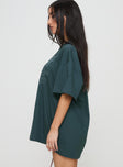 side view of model wearing Princess Polly Sour Cherry Oversized Tee Moss Green Half Sleeves Crew Neck 