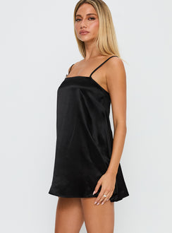 side view of model wearing Princess Polly Apple Cider Mini Dress Black Square Neck 