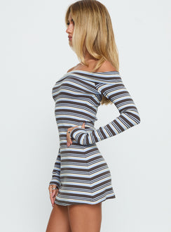 Tosie Long Sleeve Off Shoulder Mini Dress Blue Stripe