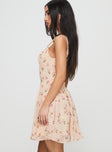 side view of model wearing Princess Polly Straplie Mini Dress Cream Floral Square Neck 