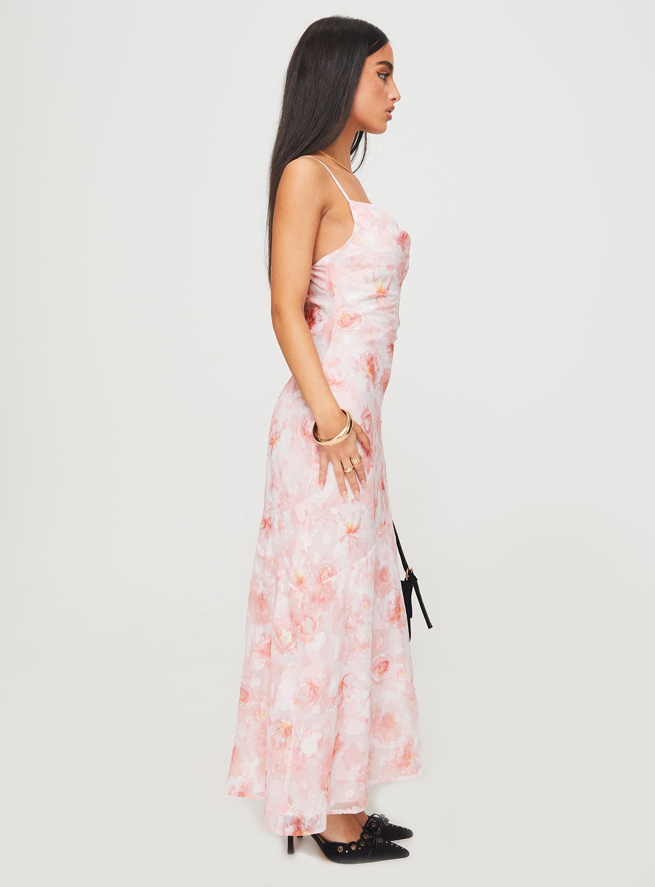 side view of model wearing Princess Polly Mafalde Maxi Dress Pink Cowl Neck 