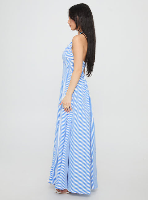 Ivie Halter Plunge Maxi Dress Blue Stripe