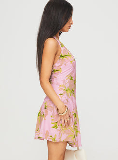 side view of model wearing Princess Polly Alcedo Halter Mini Dress Pink / Green V-Neck 
