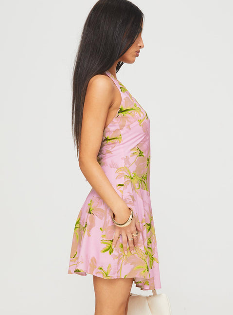 side view of model wearing Princess Polly Alcedo Halter Mini Dress Pink / Green V-Neck 