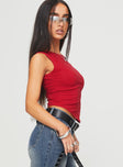 side view of model wearing Princess Polly Karre Off The Shoulder Top Red Short Sleeves Boat Neck 