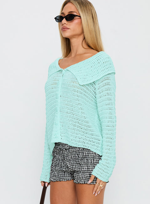 side view of model wearing Princess Polly Tuscon Crochet Sweater Blue 