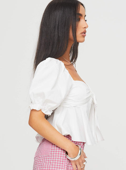 side view of model wearing Princess Polly Yuie Blouse Top White Half Sleeves Sweetheart 