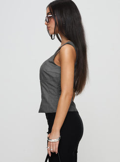 side view of model wearing Princess Polly Desni Top Grey Sleeveless Scoop Neck 