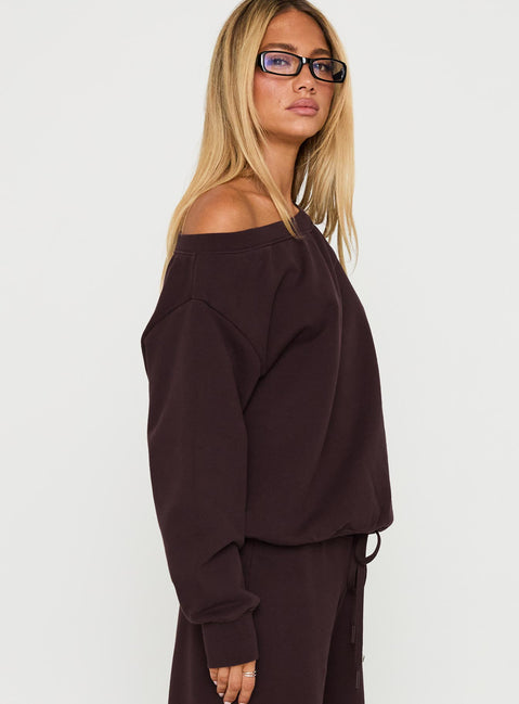 side view of model wearing Princess Polly Wellness Off The Shoulder Jumper Brown Longline Jumpers 
