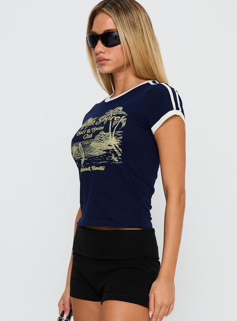 side view of model wearing Princess Polly North Shore Graphic Top Blue Short Sleeves Crew Neck 