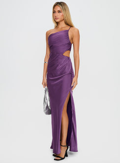 front view of model wearing Princess Polly Leading Role One Shoulder Maxi Dress Purple Asymmetric Neckline 