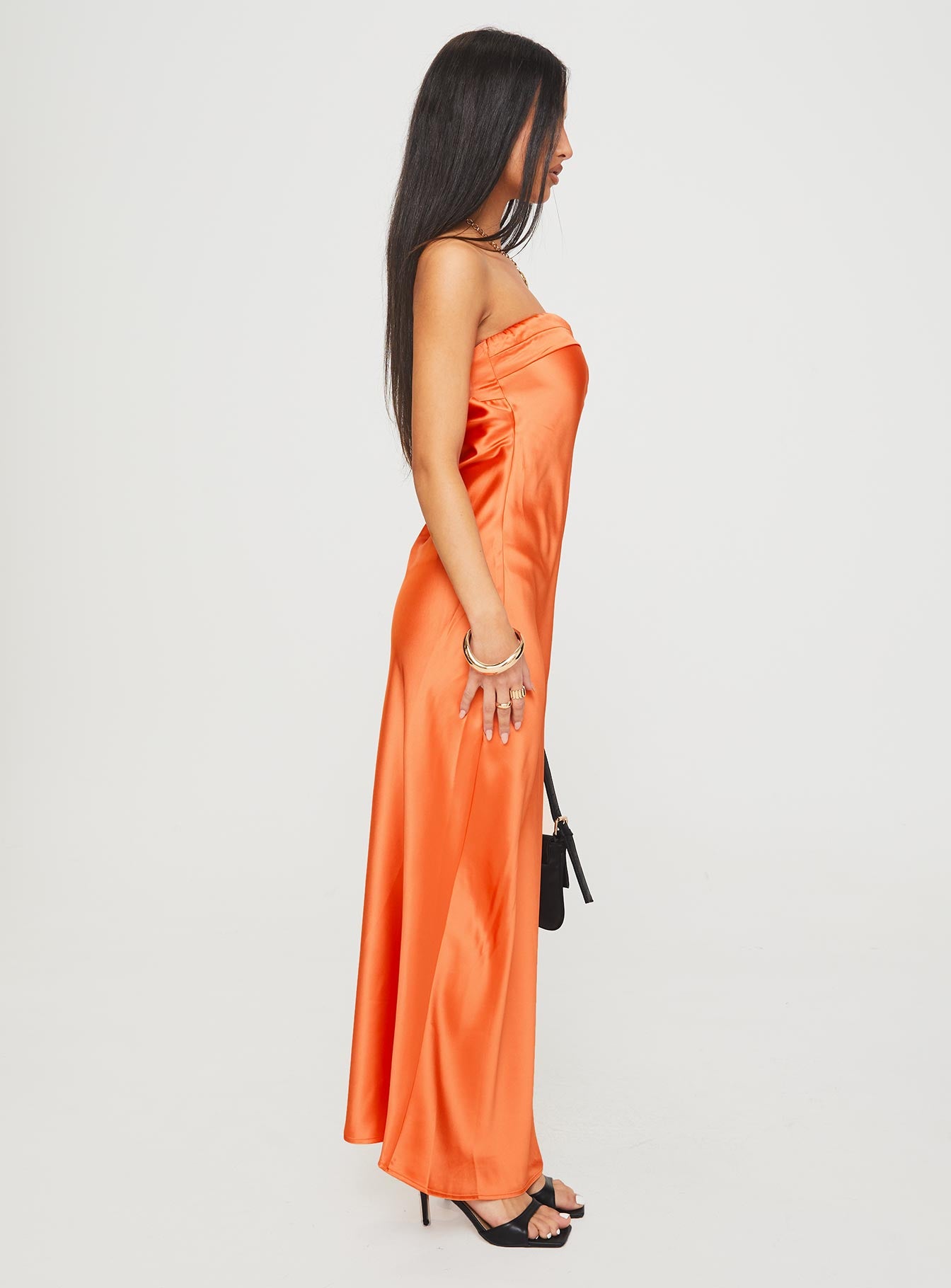 side view of model wearing Princess Polly Citrus Kiss Strapless Maxi Dress Orange Straight Neck 