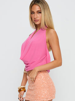 side view of model wearing Princess Polly Carefree Days Cowl Neck Top Pink Sleeveless Cowl 