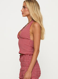 side view of model wearing Princess Polly Whimsy Halter Top Red Gingham Sleeveless Plunger 