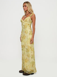side view of model wearing Princess Polly Fernwood Maxi Dress Yellow Multi Plunger 