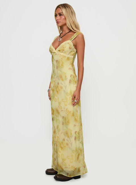side view of model wearing Princess Polly Fernwood Maxi Dress Yellow Multi Plunger 