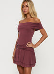 side view of model wearing Princess Polly Primadonna Off The Shoulder Mini Dress Mauve Straight Neck 