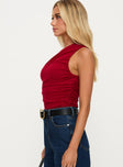 side view of model wearing Princess Polly Heston Asymmetrical Ruched Bodysuit Red Sleeveless 