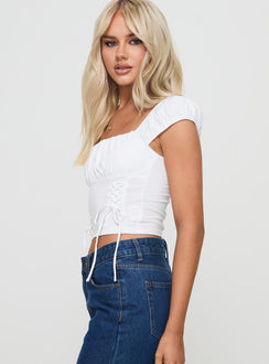 side view of model wearing Princess Polly Fiddle Top White Short Sleeves Square Neck 