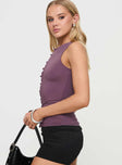 side view of model wearing Princess Polly Shanton Top Purple Sleeveless Crew Neck 