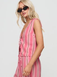 side view of model wearing Princess Polly Gentle Vest Top Pink Sleeveless Plunger 