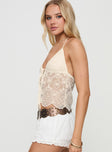 side view of model wearing Princess Polly Astona Lace Halter Cream Sleeveless Plunger 