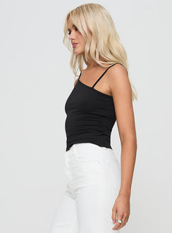side view of model wearing Princess Polly Jaeger Top Black Sleeveless Asymmetric Neckline 