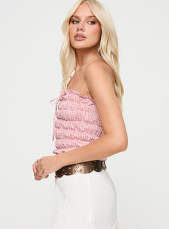 side view of model wearing Princess Polly Layton Strapless Top Red Check Sleeveless straight 