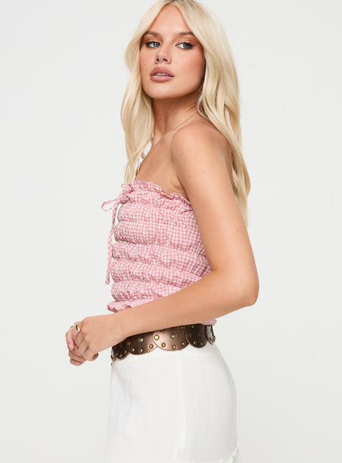 side view of model wearing Princess Polly Layton Strapless Top Red Check Sleeveless straight 