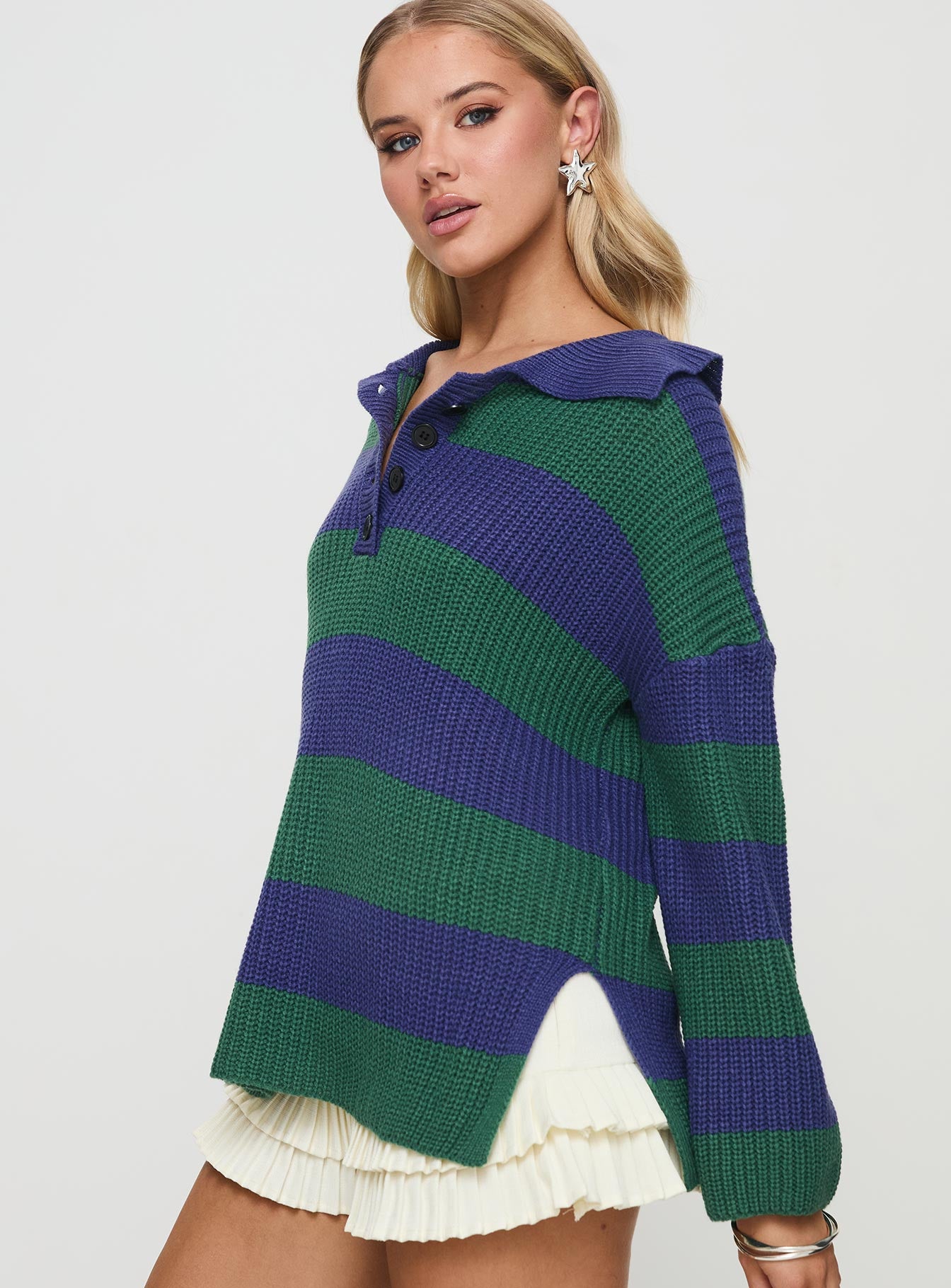 side view of model wearing Princess Polly Olivah Jumper Blue / Green Long 