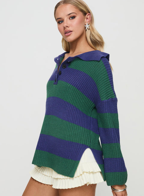 side view of model wearing Princess Polly Olivah Jumper Blue / Green Long 