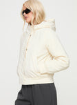 Cream Hooded jacket Bomber style, twin hip pockets, ribbed hem & cuffs, zip & button fastening