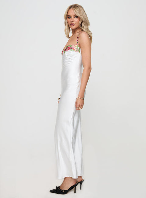 side view of model wearing Princess Polly Kenzie Maxi Dress White Sweetheart Neckline 